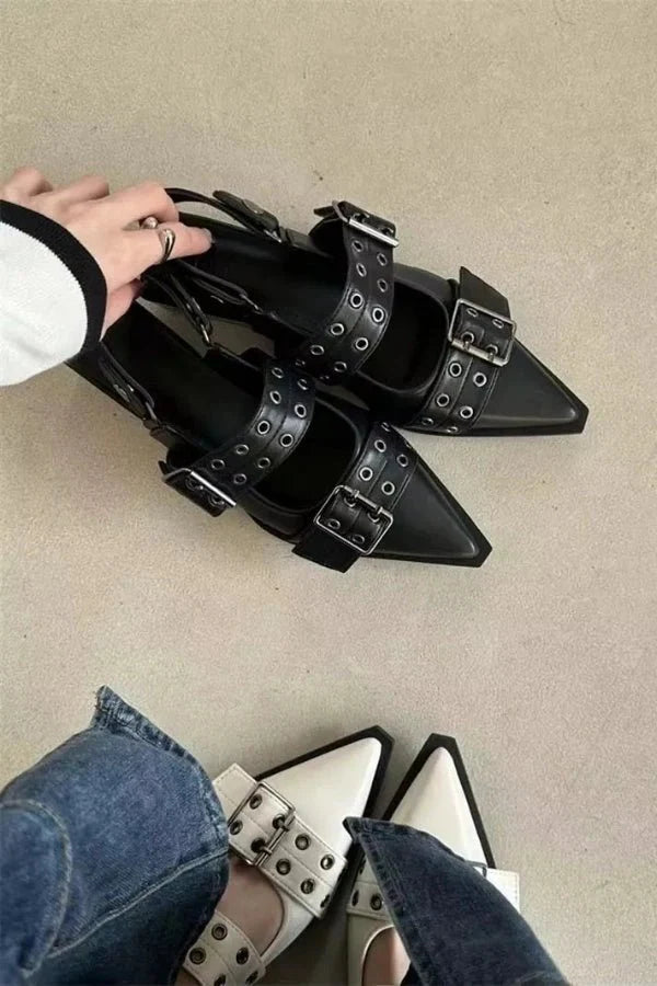 Women's Leather Slingback Heels - Double Buckle Eyelet Strap