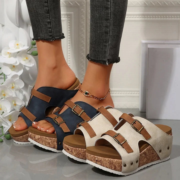 Women's Platform Wedge Sandals - Double Buckle - Open Toe - Cork Sole