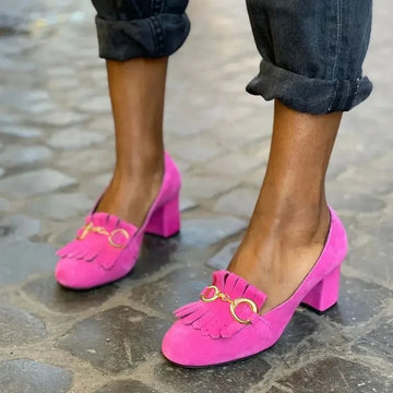 Women's Round Toe Suede Heeled Loafers - Fringe Kiltie Horsebit Block Heel
