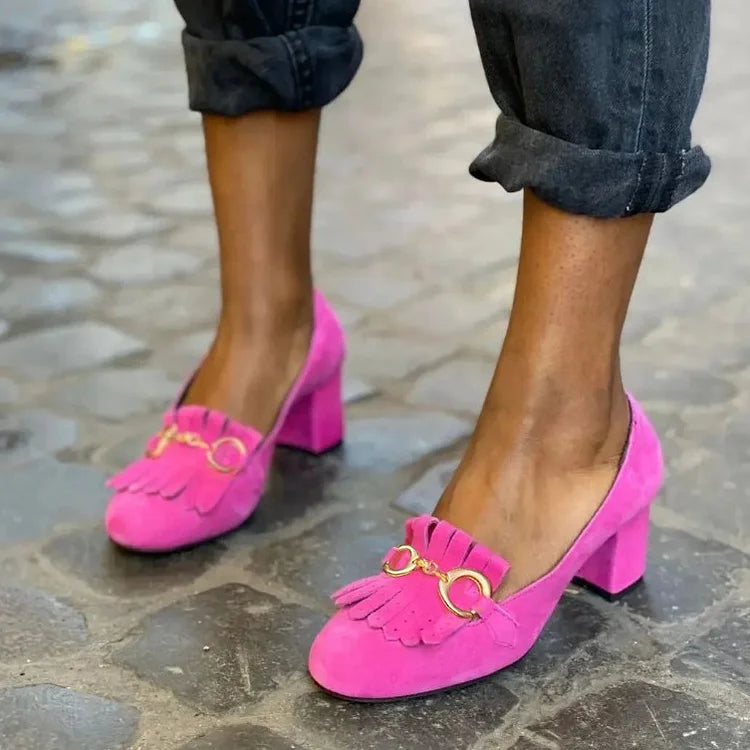 Women's Round Toe Suede Heeled Loafers - Fringe Kiltie Horsebit Block Heel