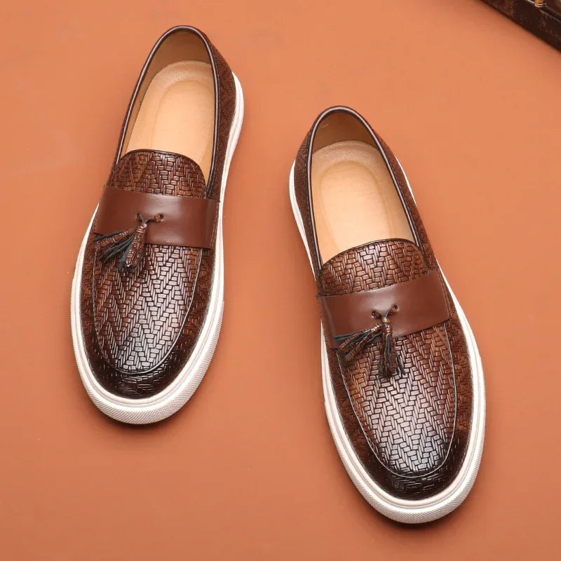 Men's Tassel Loafers - Slip-On Woven Embossed Upper - Flat Sneaker Sole