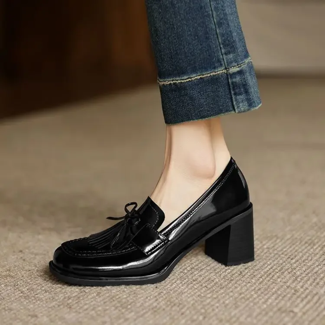 Women's Leather Loafers - Tassel Bow - Square Toe - Block Heel
