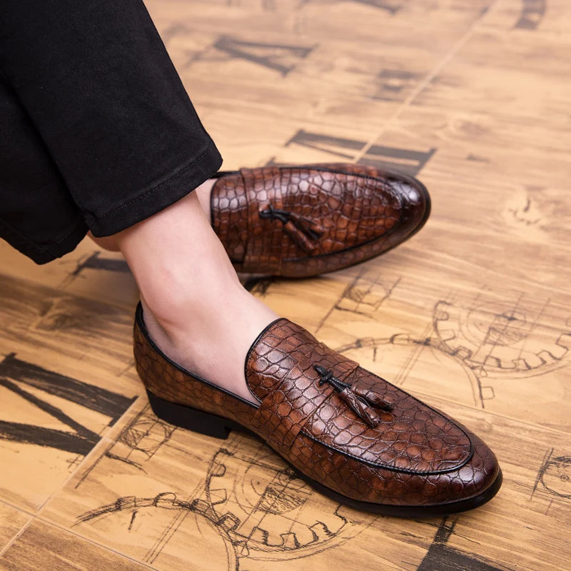 Men's Tassel Loafers - Slip-On Croc Embossed Upper - Pointed Toe