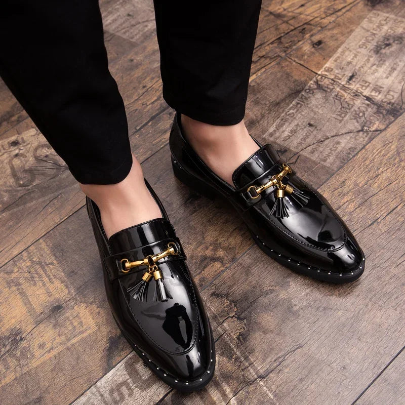 Men's Tassel Loafers - Slip-On Patent Upper - Pointed Toe Low Heel