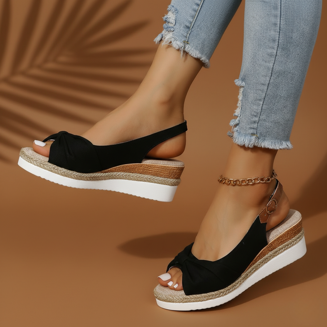 Women's Peep Toe Wedge Sandals - Knotted Vamp - Slingback Buckle Strap - Espadrille Platform Sole