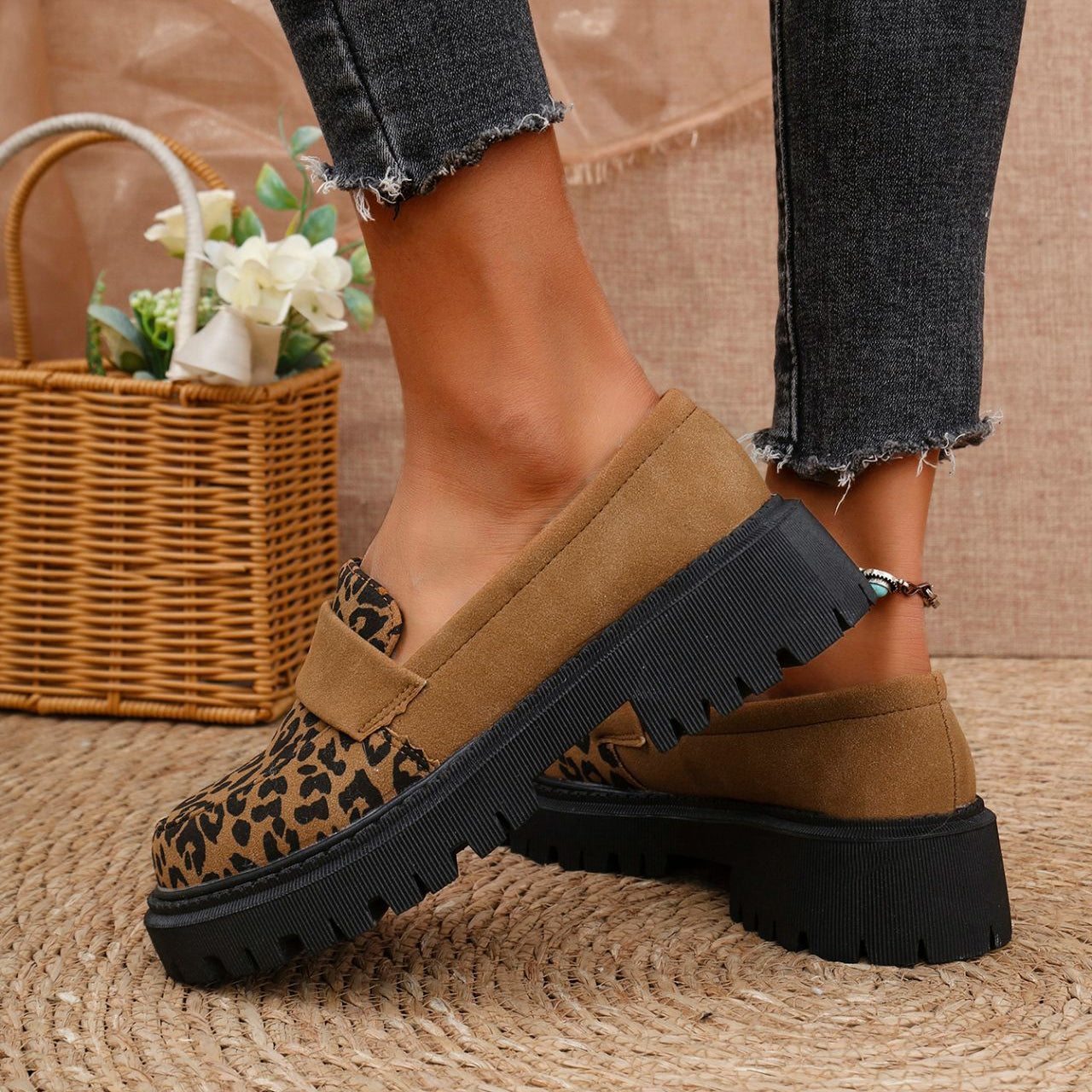 Women's Platform Loafers - Leopard Print - Strap Detail - Chunky Sole