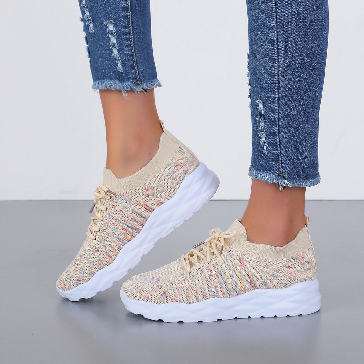 Women's Lace-Up Knit Mesh Sneakers - Round Toe - Sock Collar - Chunky Sole