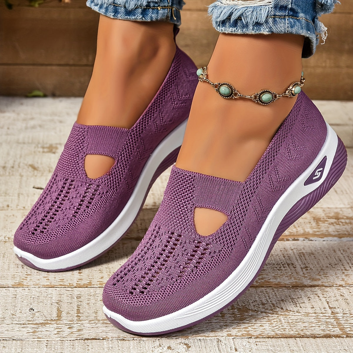 Women's Slip-On Sneakers - Knit Upper - Cutout Vamp - Platform Sole