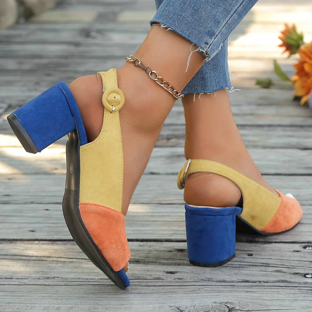 Women's Color Block Slingback Block Heels - Open Toe Peep Toe