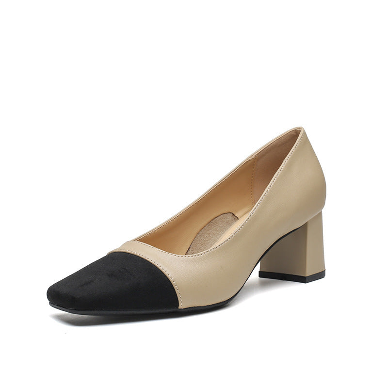 Women's Two-Tone Leather Slip-On Pumps with Cap Toe and Block Heel