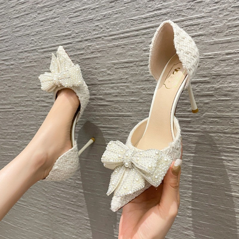 Women's Stiletto Heels – Pointed Toe D'Orsay Pump with Bow and Crystal Detail