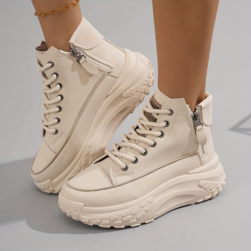 Women’s Rounded Toe High-Top Platform Sneakers with Lace-Up Closure and Side Zip