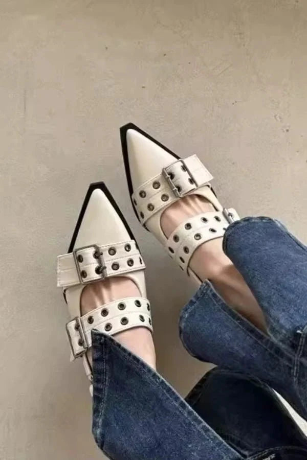 Women's Leather Slingback Heels - Double Buckle Eyelet Strap