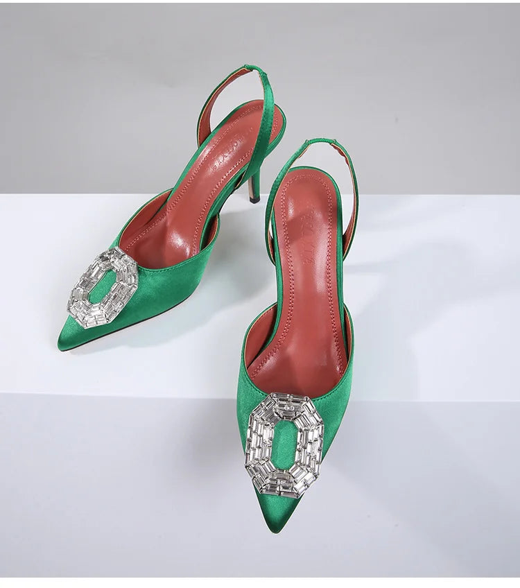 Women's Pointed Toe Slingback Heels - Crystal Embellished Buckle Stiletto