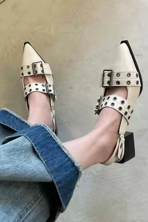 Women's Leather Slingback Heels - Double Buckle Eyelet Strap