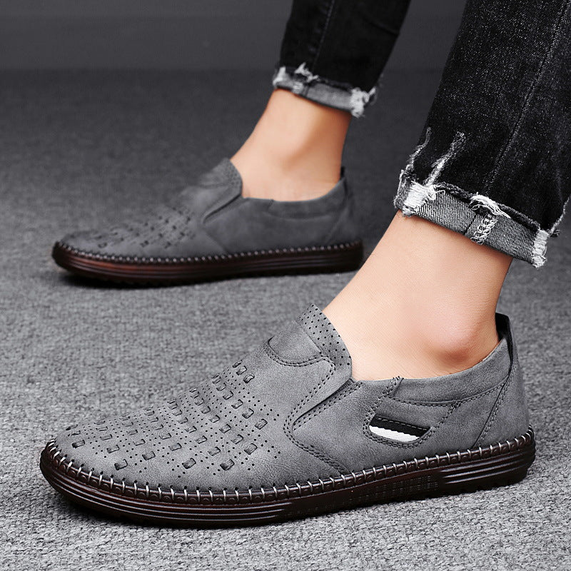 Men's Slip-On Loafers with Perforated Upper and Round Toe
