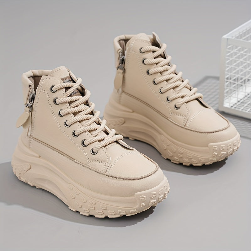 Women’s Rounded Toe High-Top Platform Sneakers with Lace-Up Closure and Side Zip