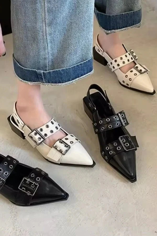 Women's Leather Slingback Heels - Double Buckle Eyelet Strap