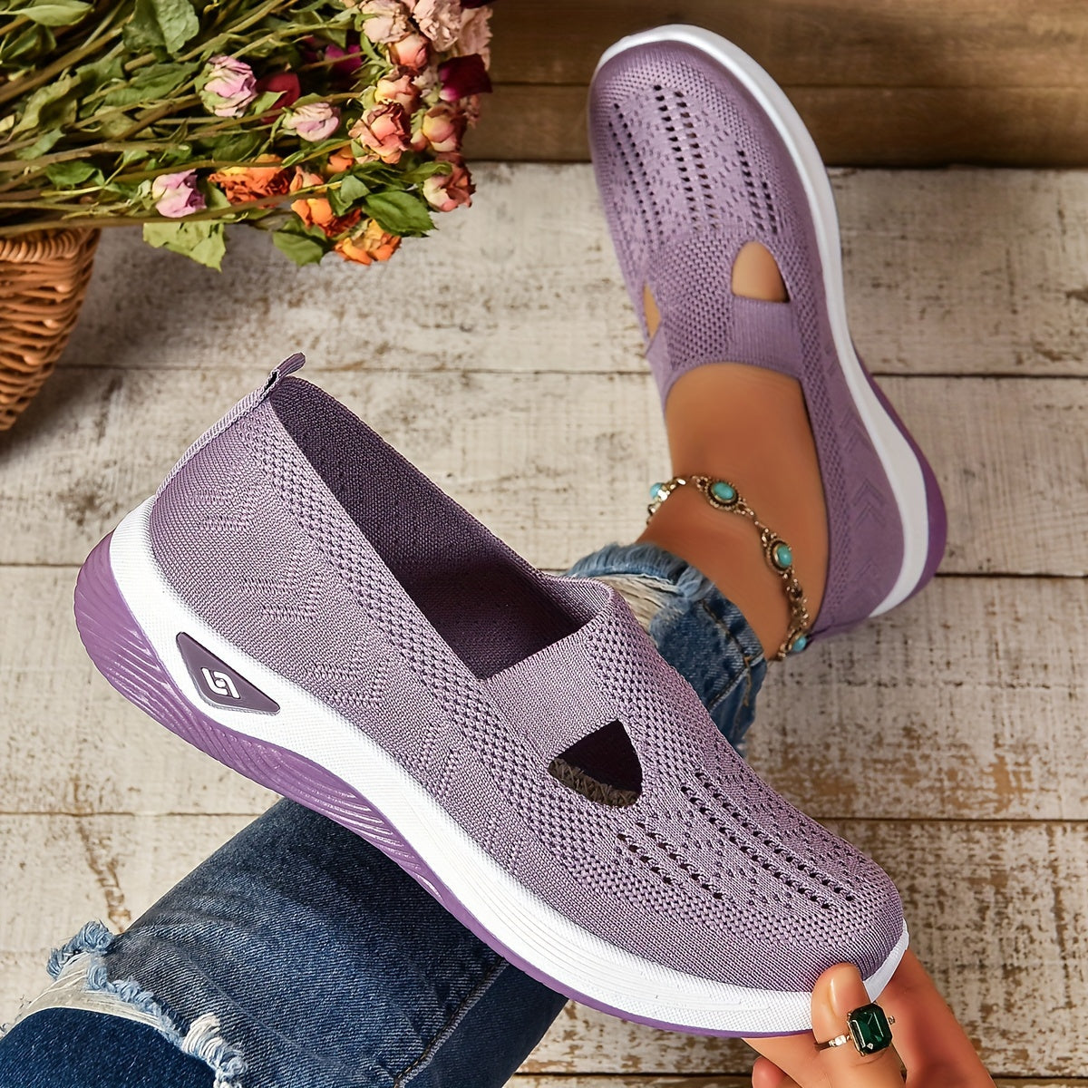 Women's Slip-On Sneakers - Knit Upper - Cutout Vamp - Platform Sole
