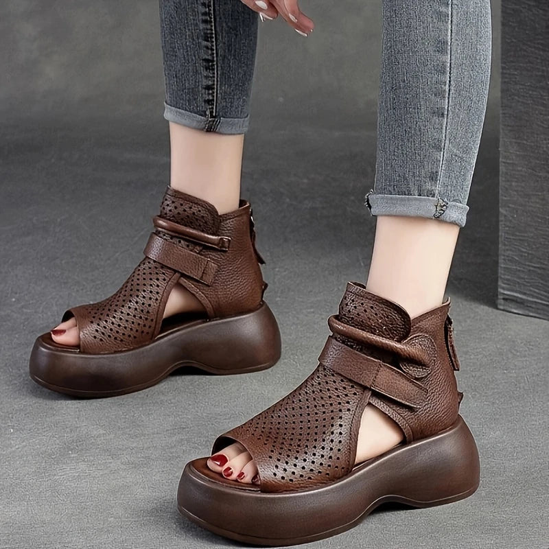 Women’s Open Toe Platform Sandals with Perforated Upper and Ankle Strap