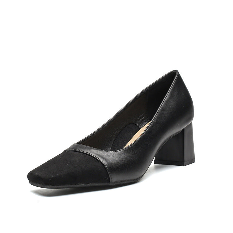 Women's Two-Tone Leather Slip-On Pumps with Cap Toe and Block Heel