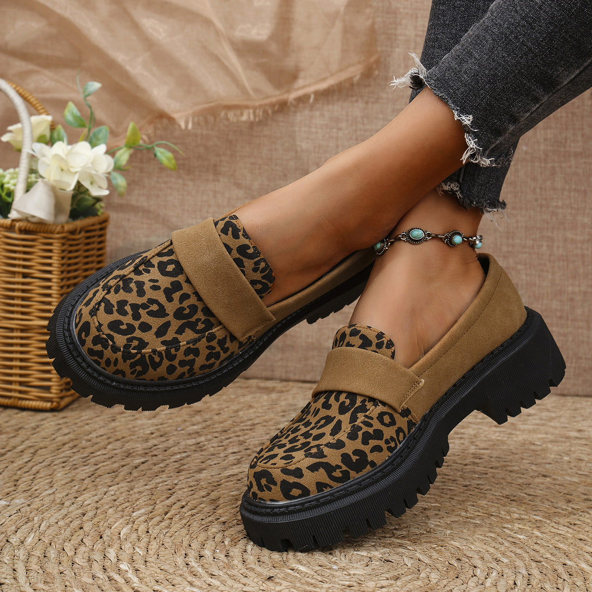 Women's Platform Loafers - Leopard Print - Strap Detail - Chunky Sole