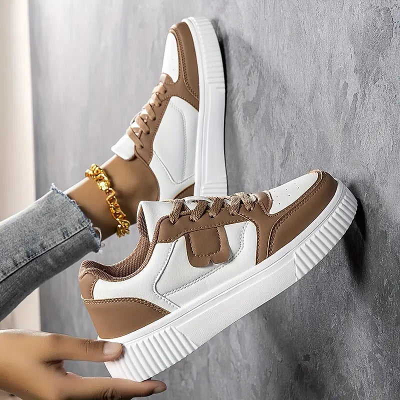 Women's Lace-Up Platform Sneakers with Round Toe and Color-Block Upper