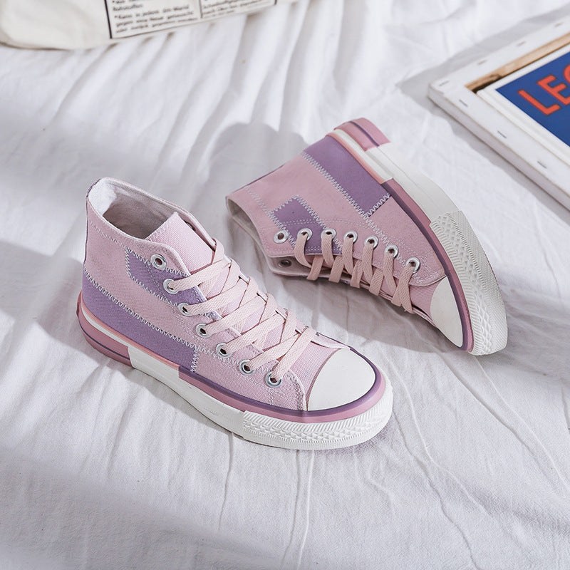 Women's High Top Sneakers – Lace-Up Platform Canvas with Patchwork Upper
