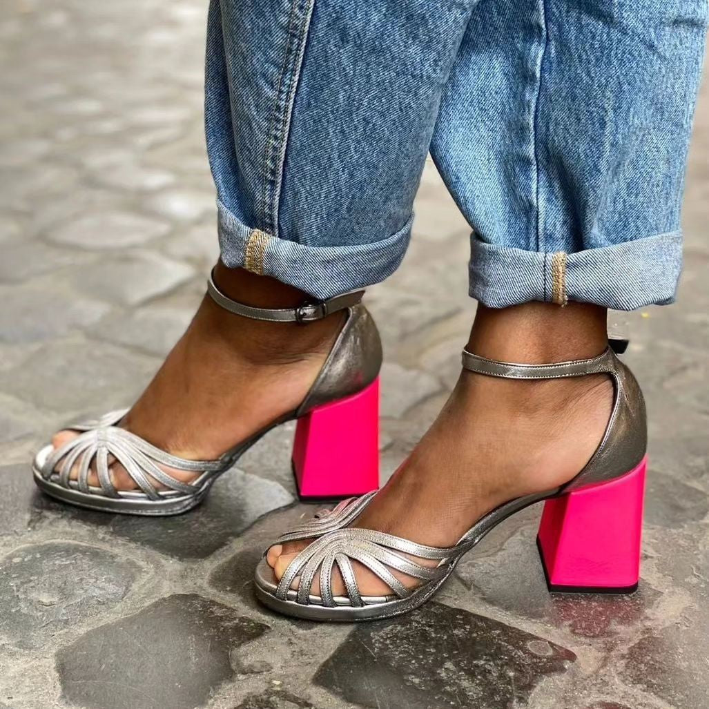 Women’s Open Toe Sandals with Block Heel - Ankle Strap Buckle
