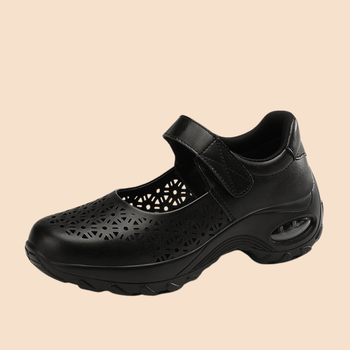 Women’s Perforated Mary Jane Shoes with Hook-and-Loop Strap and Cushioned Sole