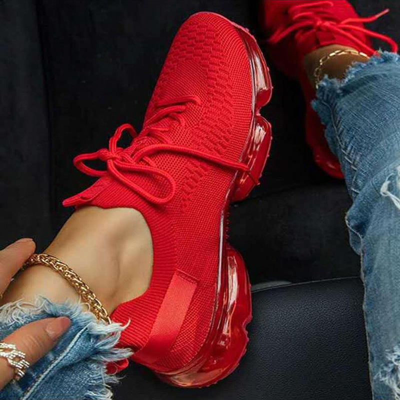 Women's Platform Sneakers – Round Toe Lace-Up Knit with Air Bubble Sole