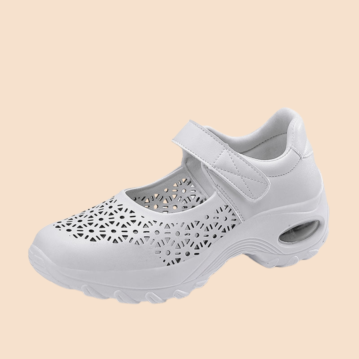 Women’s Perforated Mary Jane Shoes with Hook-and-Loop Strap and Cushioned Sole