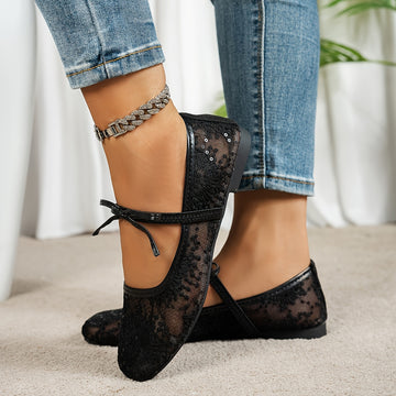 Women’s Mesh Mary Jane Flats - Sheer Panel Design - Bow Detail - Flat Sole