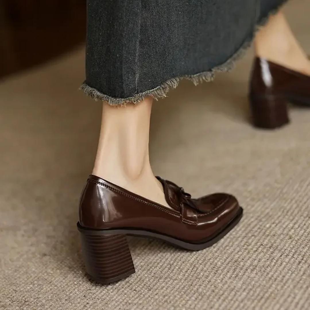 Women's Leather Loafers - Tassel Bow - Square Toe - Block Heel
