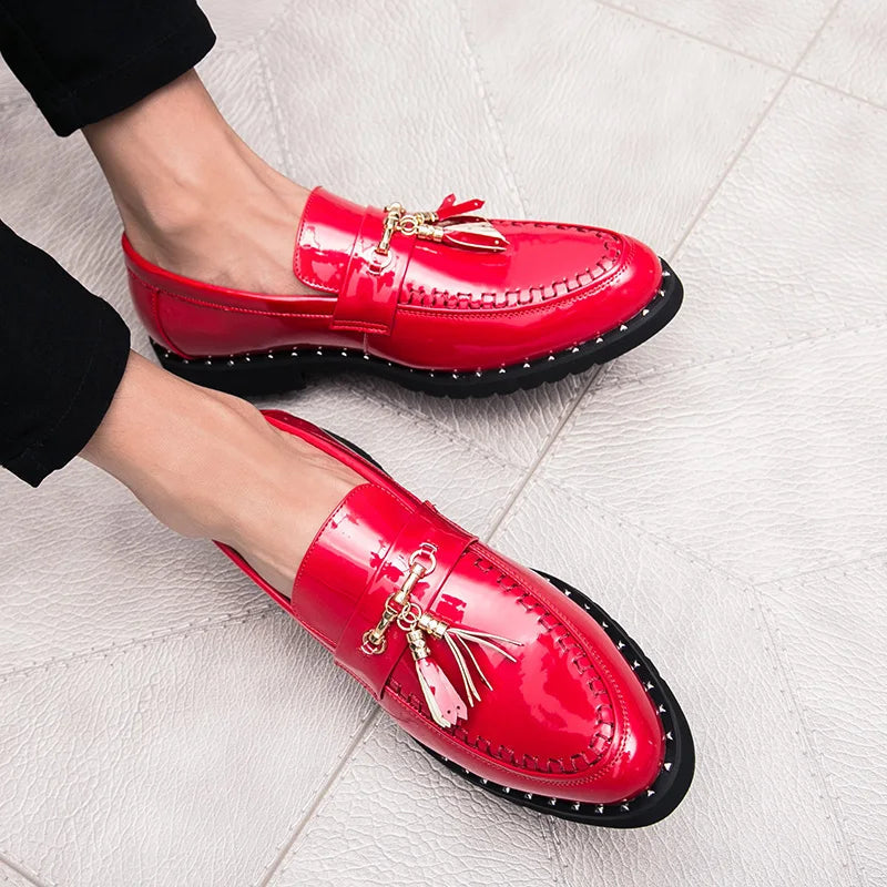 Men's Tassel Loafers - Slip-On Patent Upper - Pointed Toe Low Heel