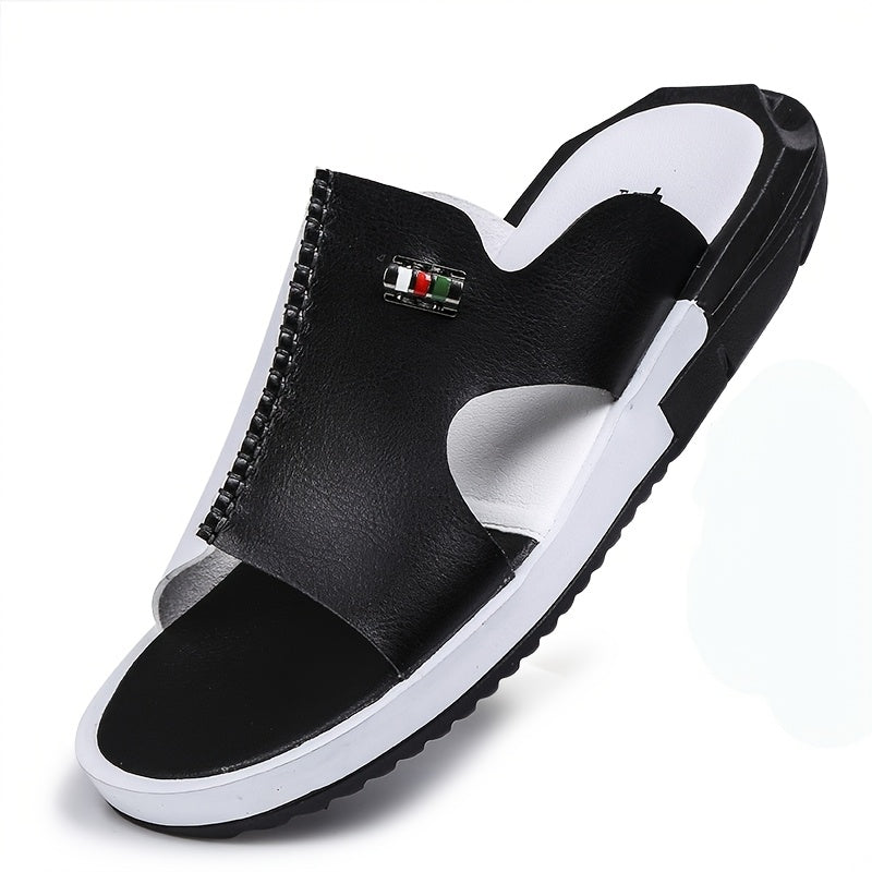 Men's Slide Sandals – Open Toe Slip-On with Contrast Panel and Flat Sole