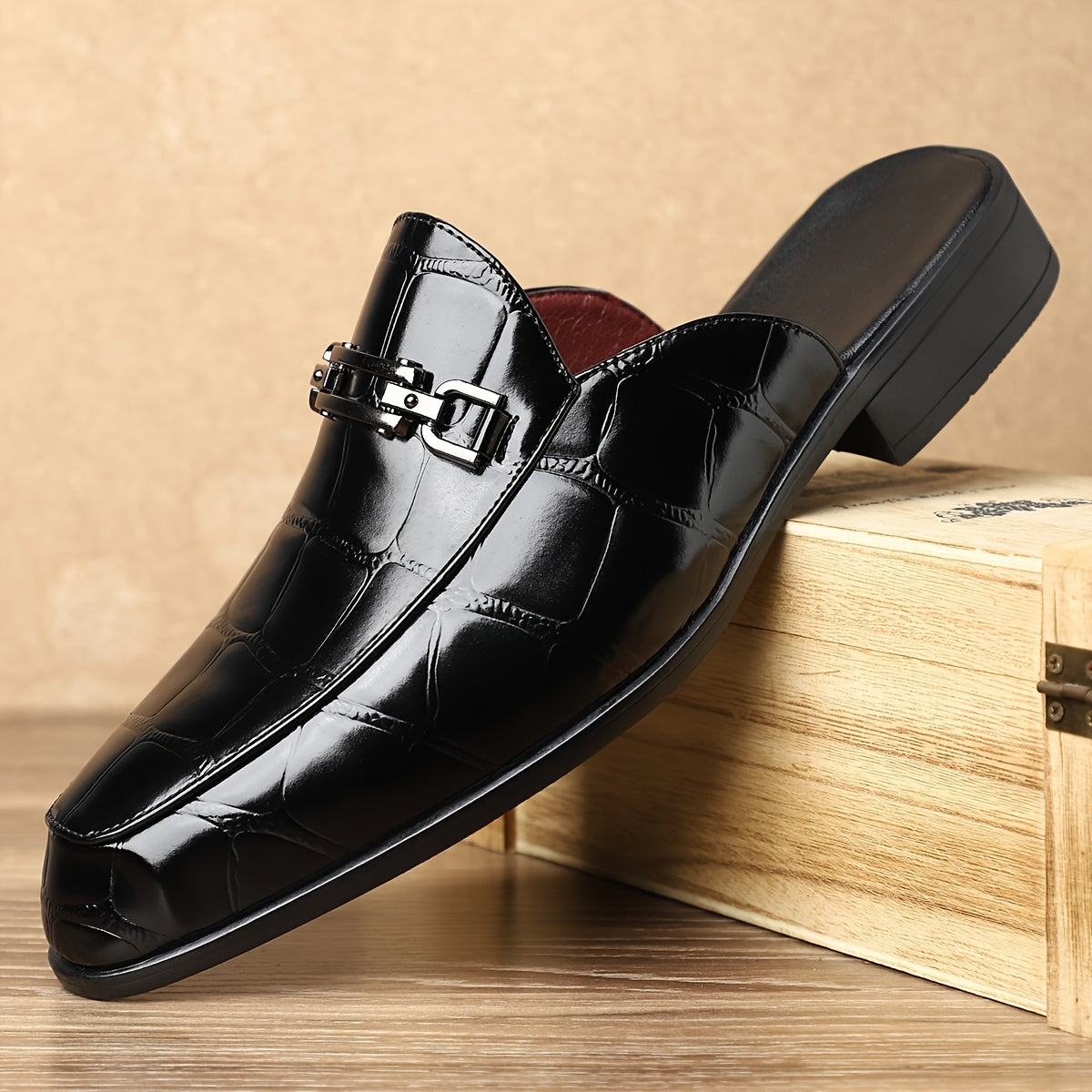 Men’s Mule Loafers with Croc Pattern - Slip-On Backless Design - Metal Bit Detail