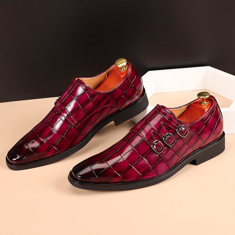 Men's Triple Monk Strap Dress Shoes – Pointed Toe Grid-Embossed Slip-On