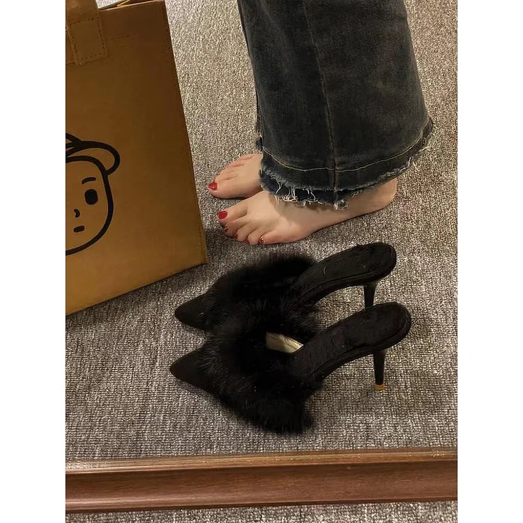 Women’s Pointed Toe Mule Heels with Faux Fur Trim and Stiletto Heel