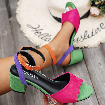 Women's Color Block Slingback Block Heels - Open Toe Peep Toe