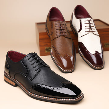 Men's Two-Tone Brogue Derby Dress Shoes - Lace-Up Low Heel