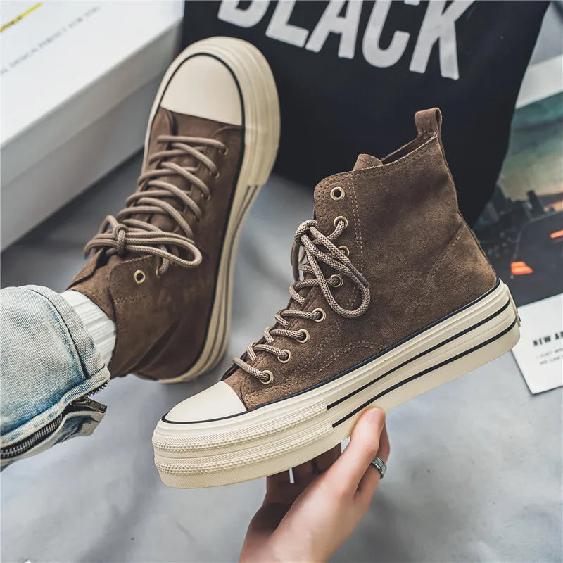 Unisex High Top Sneakers - Lace-Up Suede Upper - Platform Cupsole