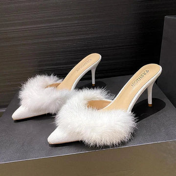 Women’s Pointed Toe Mule Heels with Faux Fur Trim and Stiletto Heel