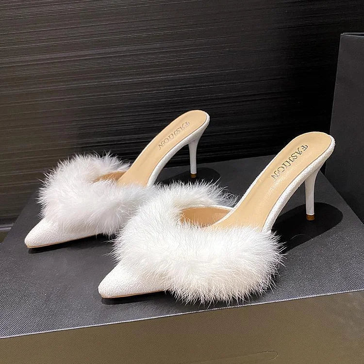 Women’s Pointed Toe Mule Heels with Faux Fur Trim and Stiletto Heel