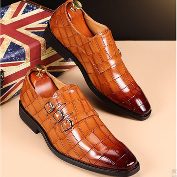 Men's Triple Monk Strap Dress Shoes – Pointed Toe Grid-Embossed Slip-On