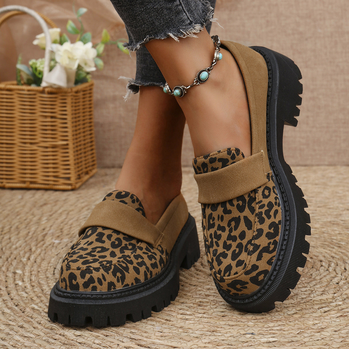 Women's Platform Loafers - Leopard Print - Strap Detail - Chunky Sole