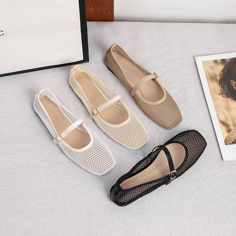 Women's Mesh Mary Jane Flats – Square Toe Buckle Strap Open Weave Upper