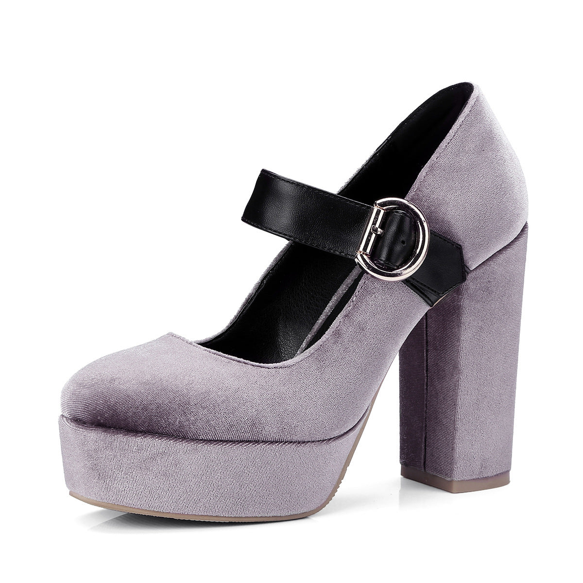 Women's Velvet Platform Heels with Round Toe and Mary Jane Buckle Strap