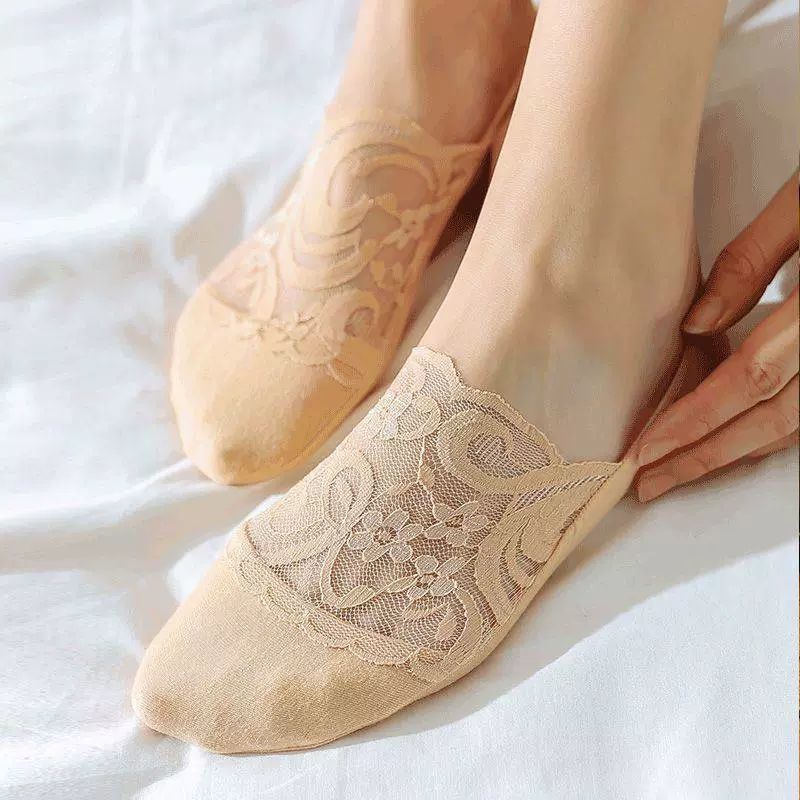 Women's Lace No-Show Socks 5-Pair Set – Floral Mesh with Cotton Heel Toe