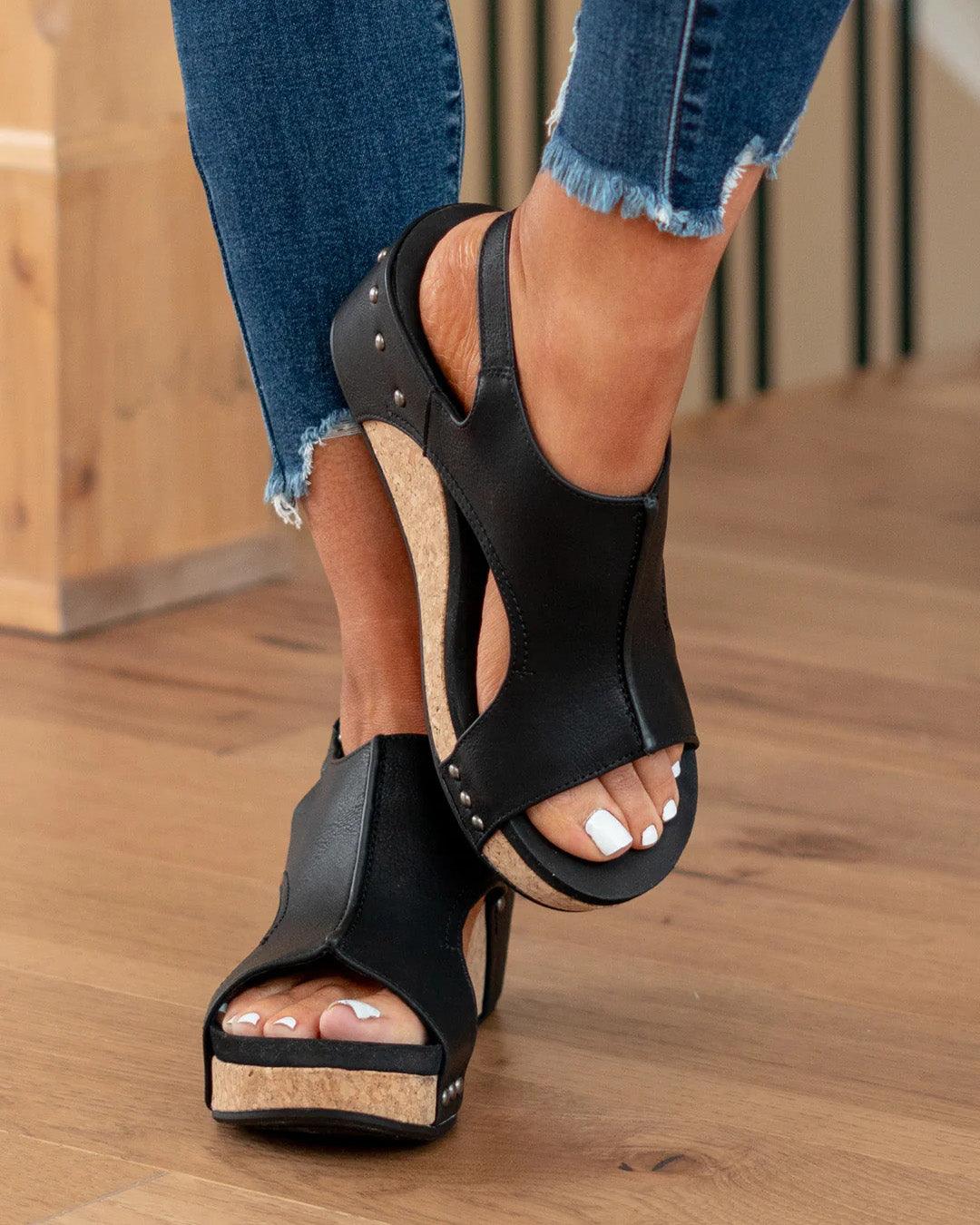 Women’s Open Toe Wedge Sandals with Cut Out Upper and Cork Effect Sole